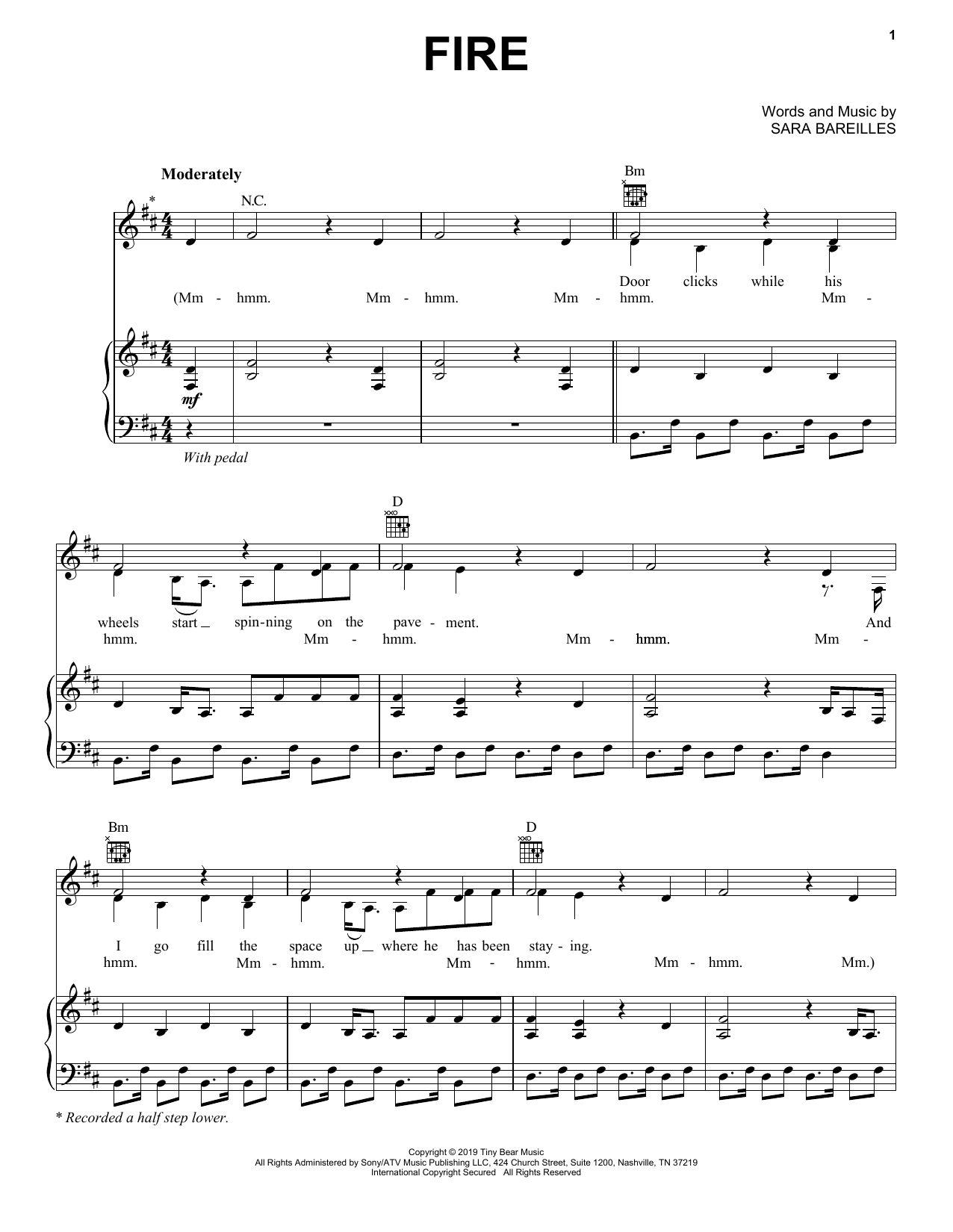 Sara Bareilles Fire Sheet Music Notes & Chords for Piano, Vocal & Guitar (Right-Hand Melody) - Download or Print PDF