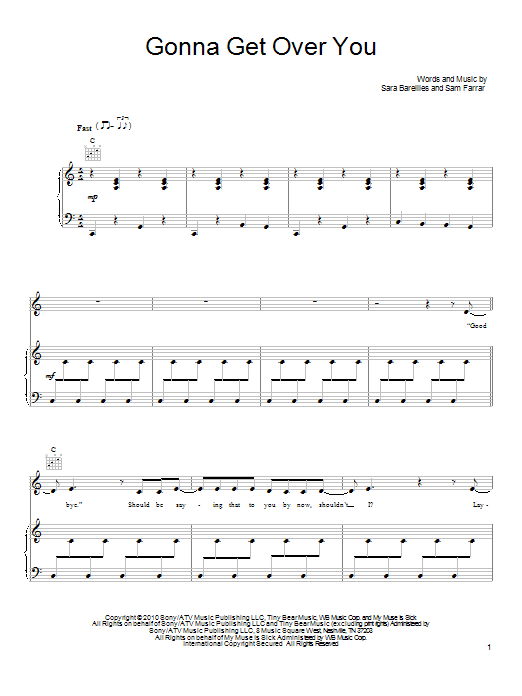 Sara Bareilles Gonna Get Over You Sheet Music Notes & Chords for Piano, Vocal & Guitar (Right-Hand Melody) - Download or Print PDF