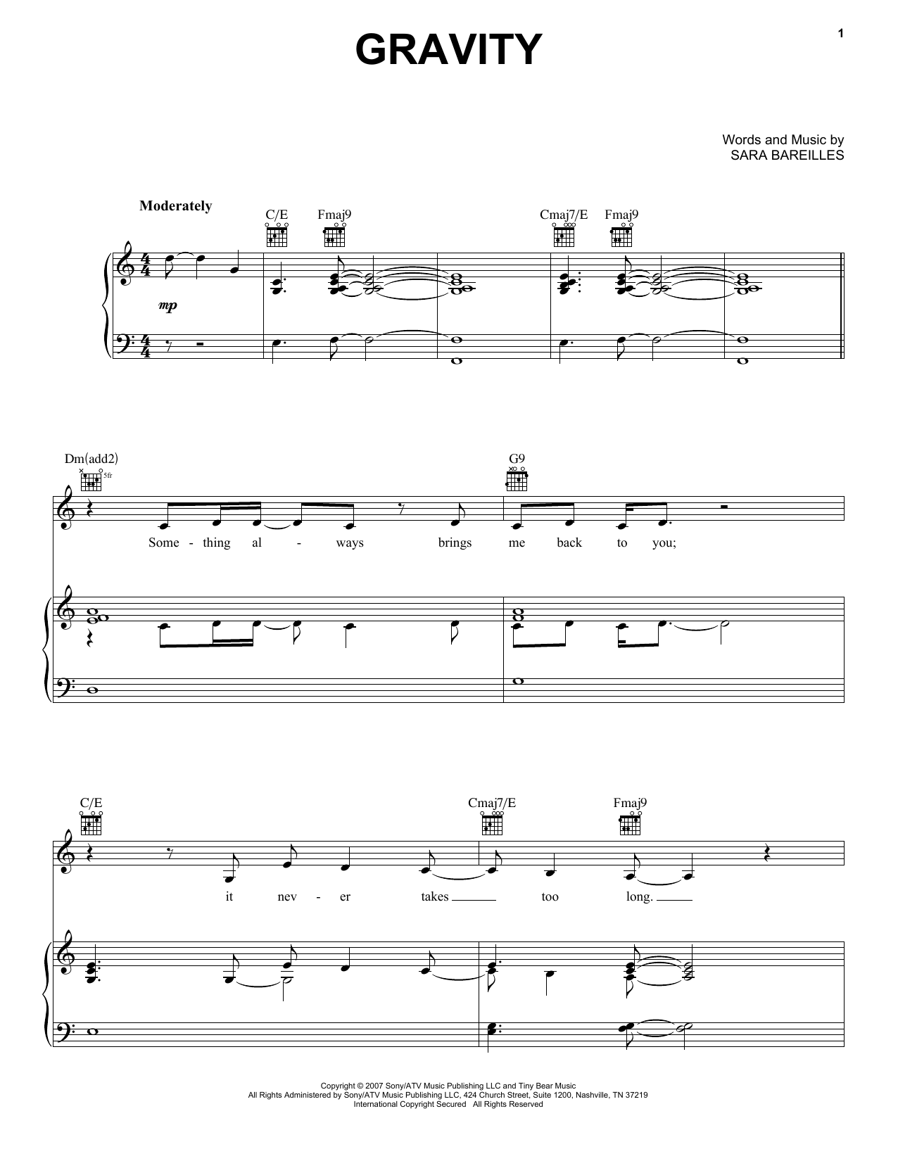 Sara Bareilles Gravity Sheet Music Notes & Chords for Piano (Big Notes) - Download or Print PDF