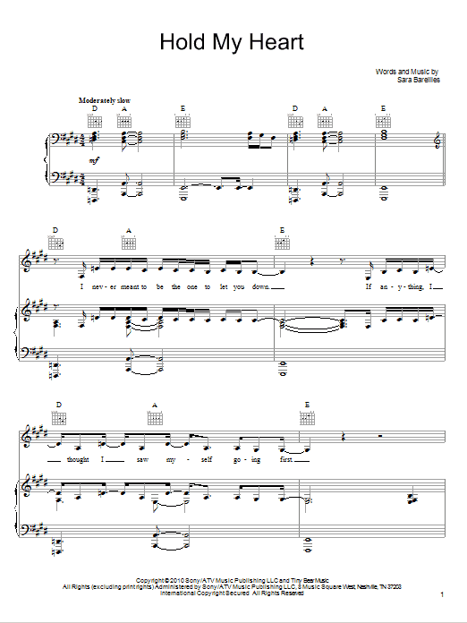 Sara Bareilles Hold My Heart Sheet Music Notes & Chords for Piano, Vocal & Guitar (Right-Hand Melody) - Download or Print PDF