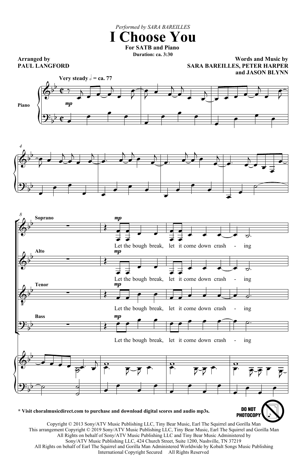 Sara Bareilles I Choose You (arr. Paul Langford) Sheet Music Notes & Chords for SATB Choir - Download or Print PDF