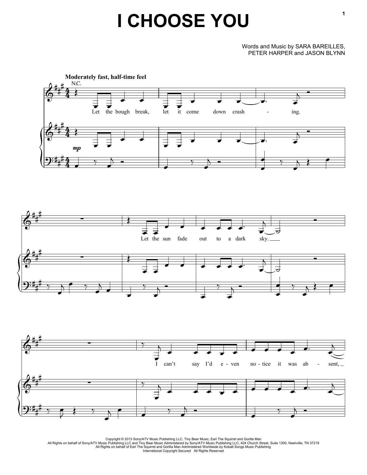 Sara Bareilles I Choose You Sheet Music Notes & Chords for Piano, Vocal & Guitar (Right-Hand Melody) - Download or Print PDF