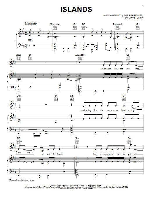 Sara Bareilles Islands Sheet Music Notes & Chords for Piano, Vocal & Guitar (Right-Hand Melody) - Download or Print PDF