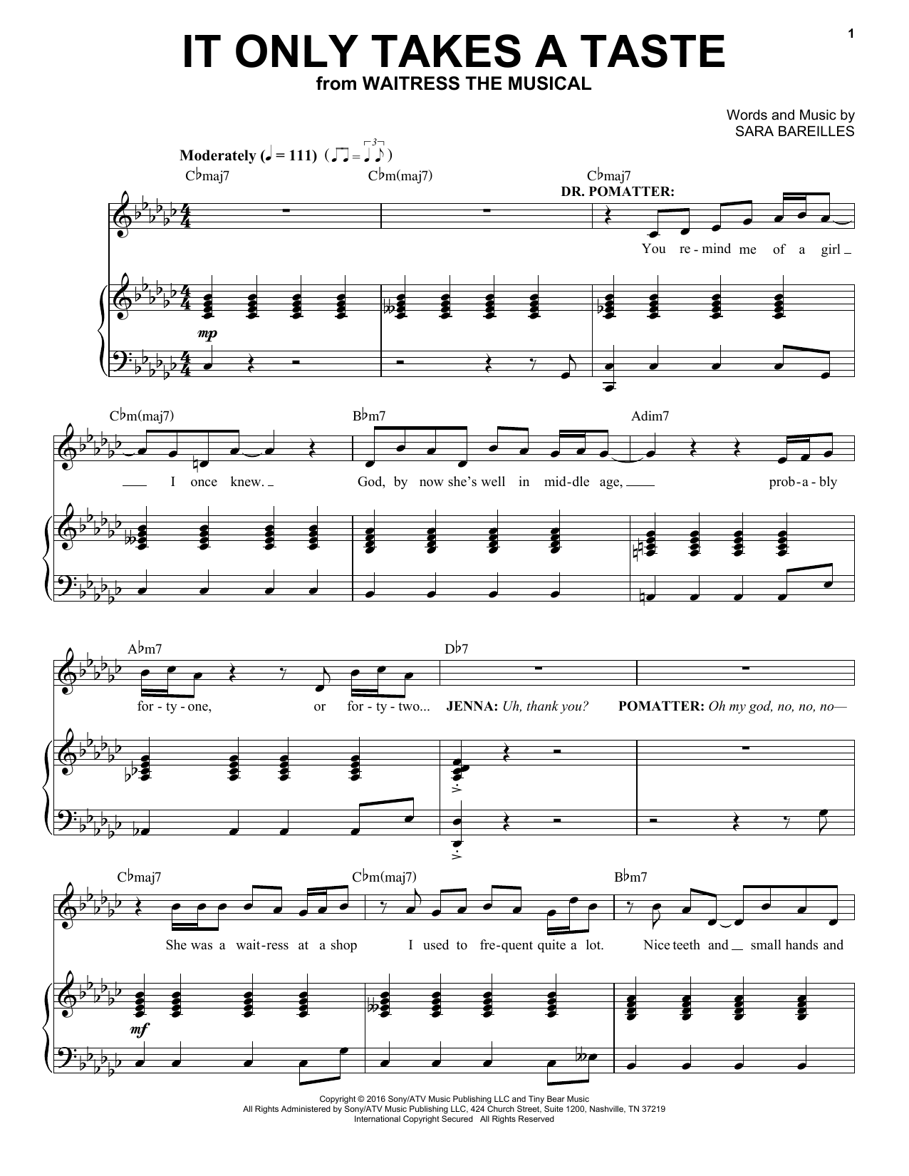 Sara Bareilles It Only Takes A Taste (from Waitress The Musical) Sheet Music Notes & Chords for Easy Piano - Download or Print PDF