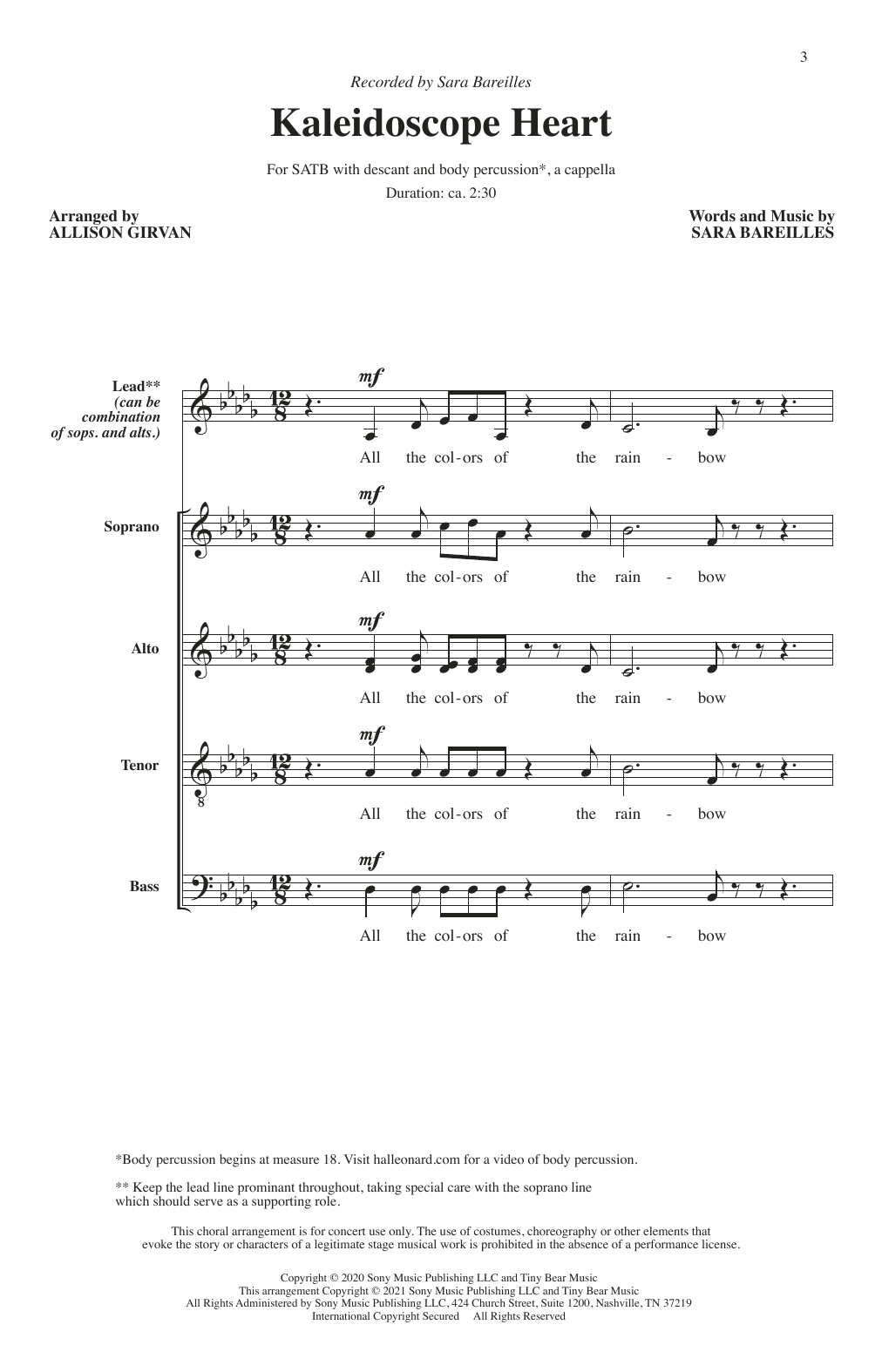Sara Bareilles Kaleidoscope Heart (arr. Allison Girvan) Sheet Music Notes & Chords for SSA Choir - Download or Print PDF