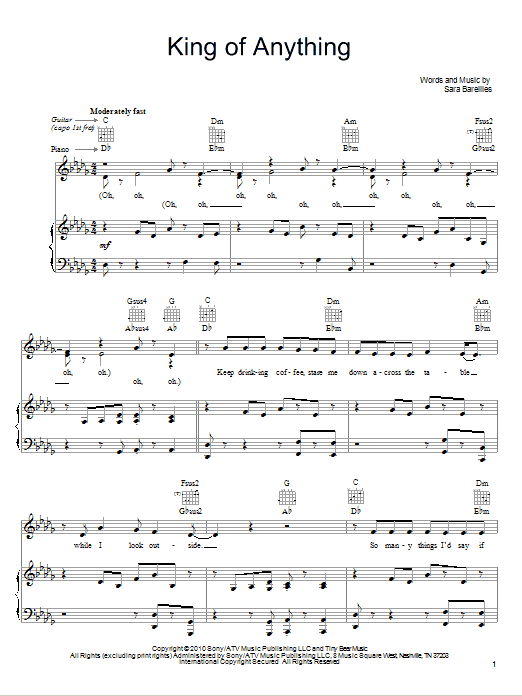 Sara Bareilles King Of Anything Sheet Music Notes & Chords for Piano (Big Notes) - Download or Print PDF