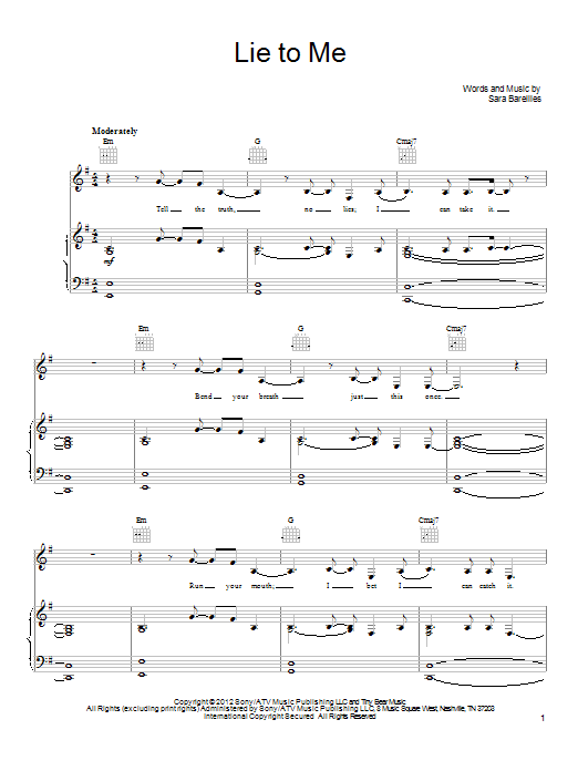 Sara Bareilles Lie To Me Sheet Music Notes & Chords for Lyrics & Chords - Download or Print PDF