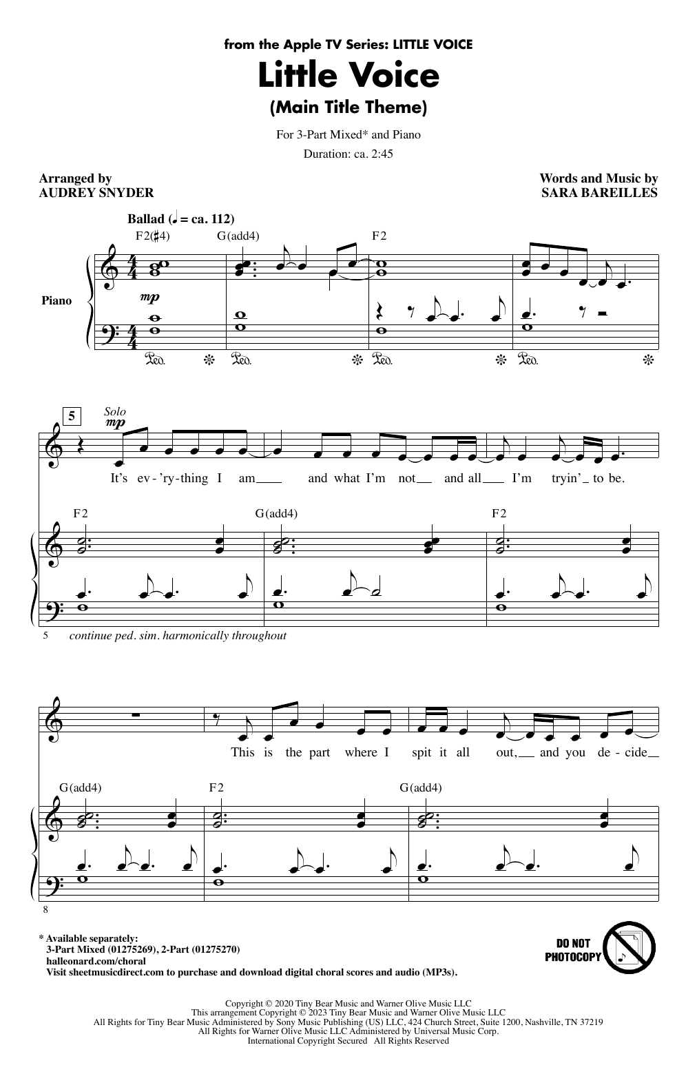 Sara Bareilles Little Voice - Main Title Theme (arr. Audrey Snyder) Sheet Music Notes & Chords for 3-Part Mixed Choir - Download or Print PDF