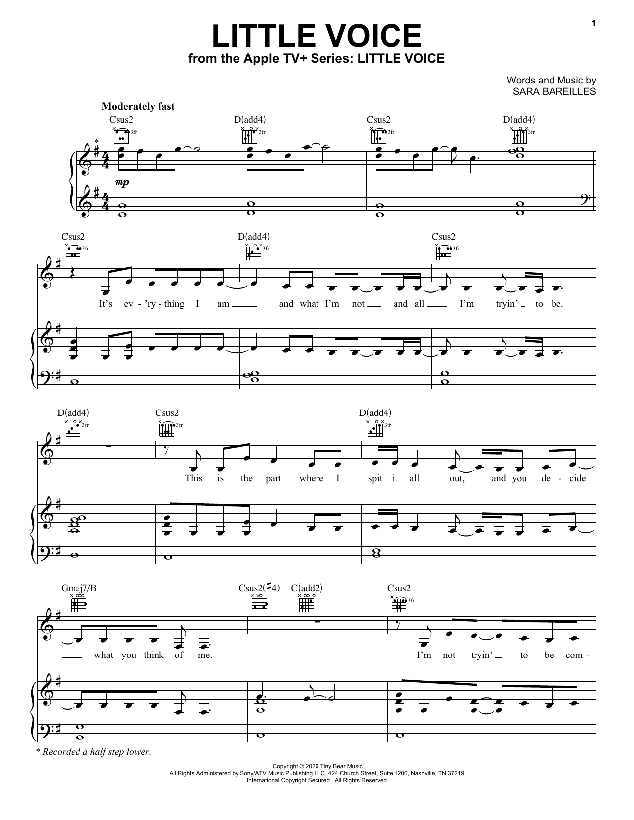 Sara Bareilles Little Voice (from the Apple TV+ Series: Little Voice) Sheet Music Notes & Chords for Piano, Vocal & Guitar (Right-Hand Melody) - Download or Print PDF