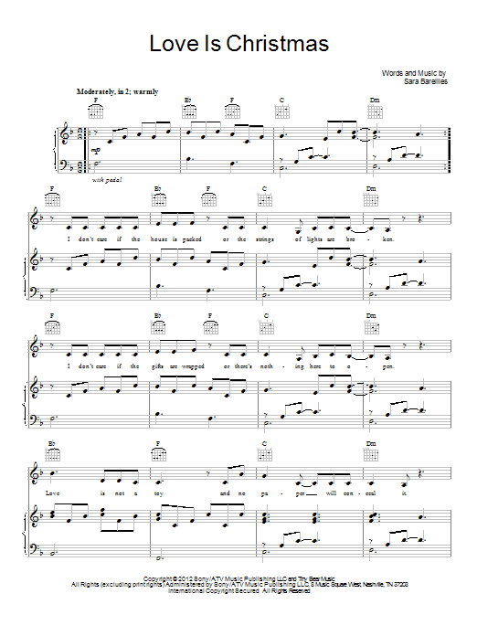 Sara Bareilles Love Is Christmas Sheet Music Notes & Chords for Piano, Vocal & Guitar (Right-Hand Melody) - Download or Print PDF