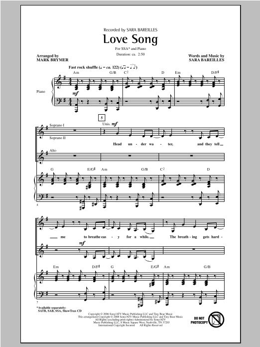 Sara Bareilles Love Song (arr. Mark Brymer) Sheet Music Notes & Chords for SSA - Download or Print PDF