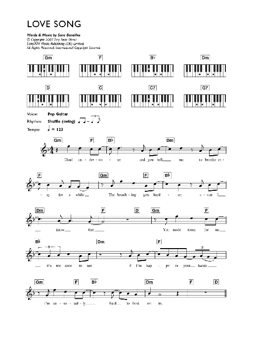 Sara Bareilles Love Song Sheet Music Notes & Chords for Piano - Download or Print PDF