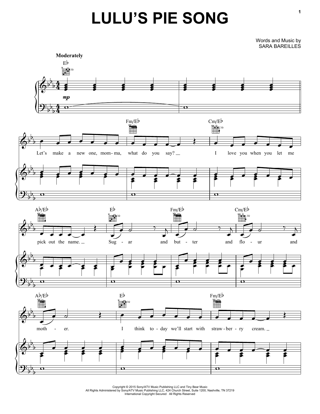 Sara Bareilles Lulu's Pie Song Sheet Music Notes & Chords for Piano, Vocal & Guitar (Right-Hand Melody) - Download or Print PDF