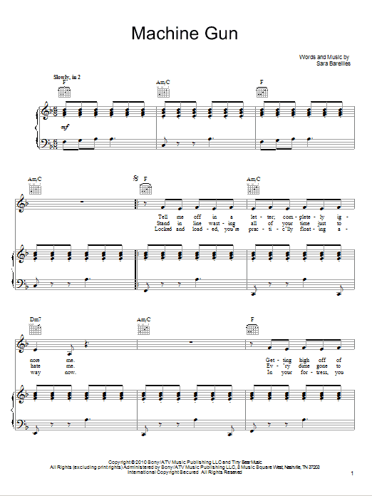 Sara Bareilles Machine Gun Sheet Music Notes & Chords for Piano, Vocal & Guitar (Right-Hand Melody) - Download or Print PDF