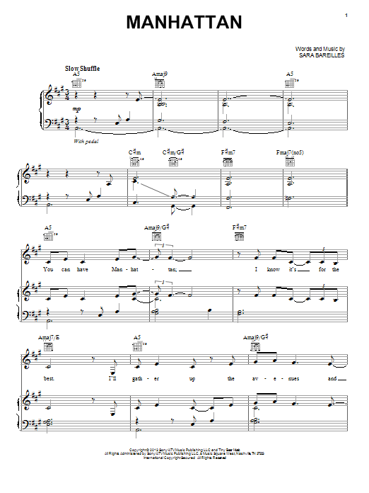 Sara Bareilles Manhattan Sheet Music Notes & Chords for Piano, Vocal & Guitar (Right-Hand Melody) - Download or Print PDF