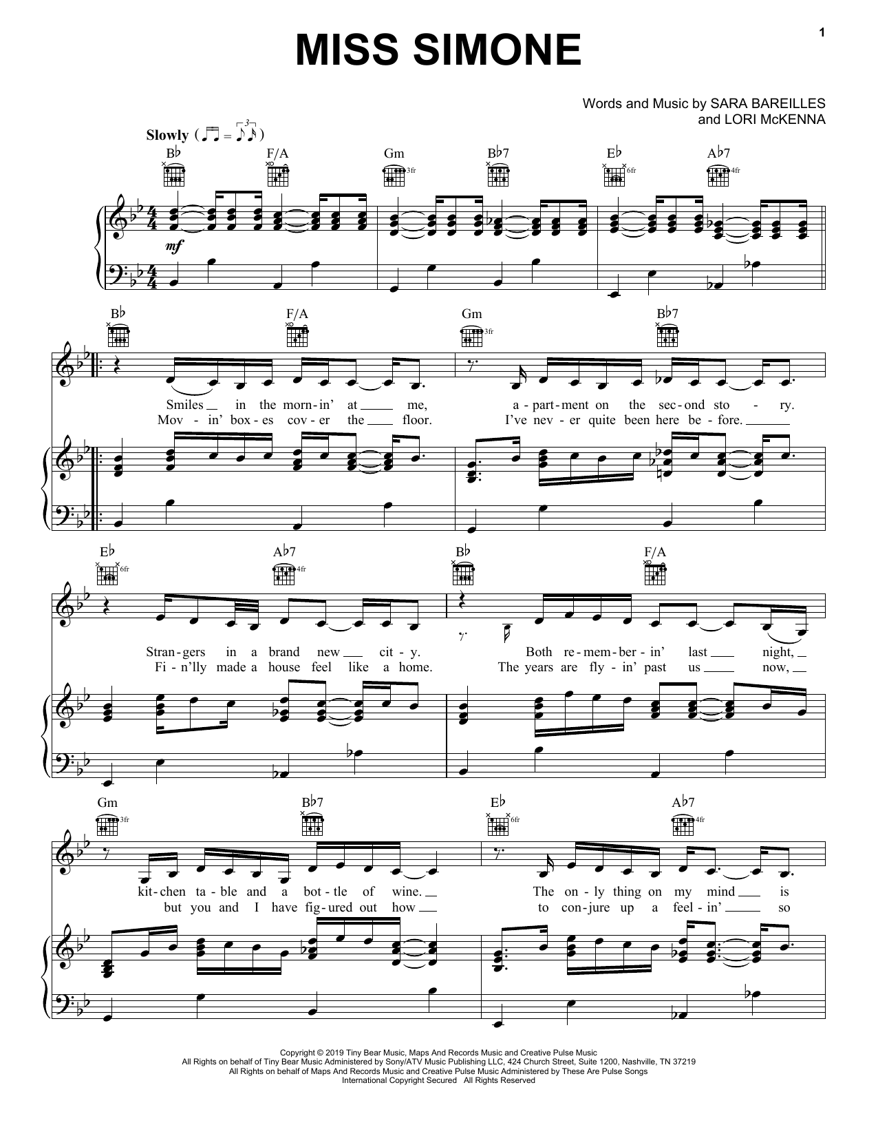 Sara Bareilles Miss Simone Sheet Music Notes & Chords for Piano, Vocal & Guitar (Right-Hand Melody) - Download or Print PDF