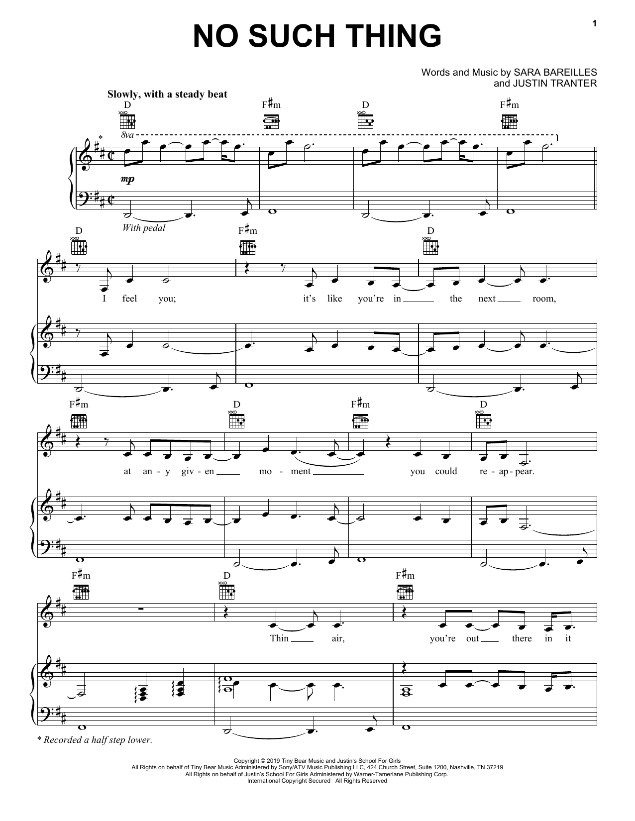 Sara Bareilles No Such Thing Sheet Music Notes & Chords for Piano, Vocal & Guitar (Right-Hand Melody) - Download or Print PDF