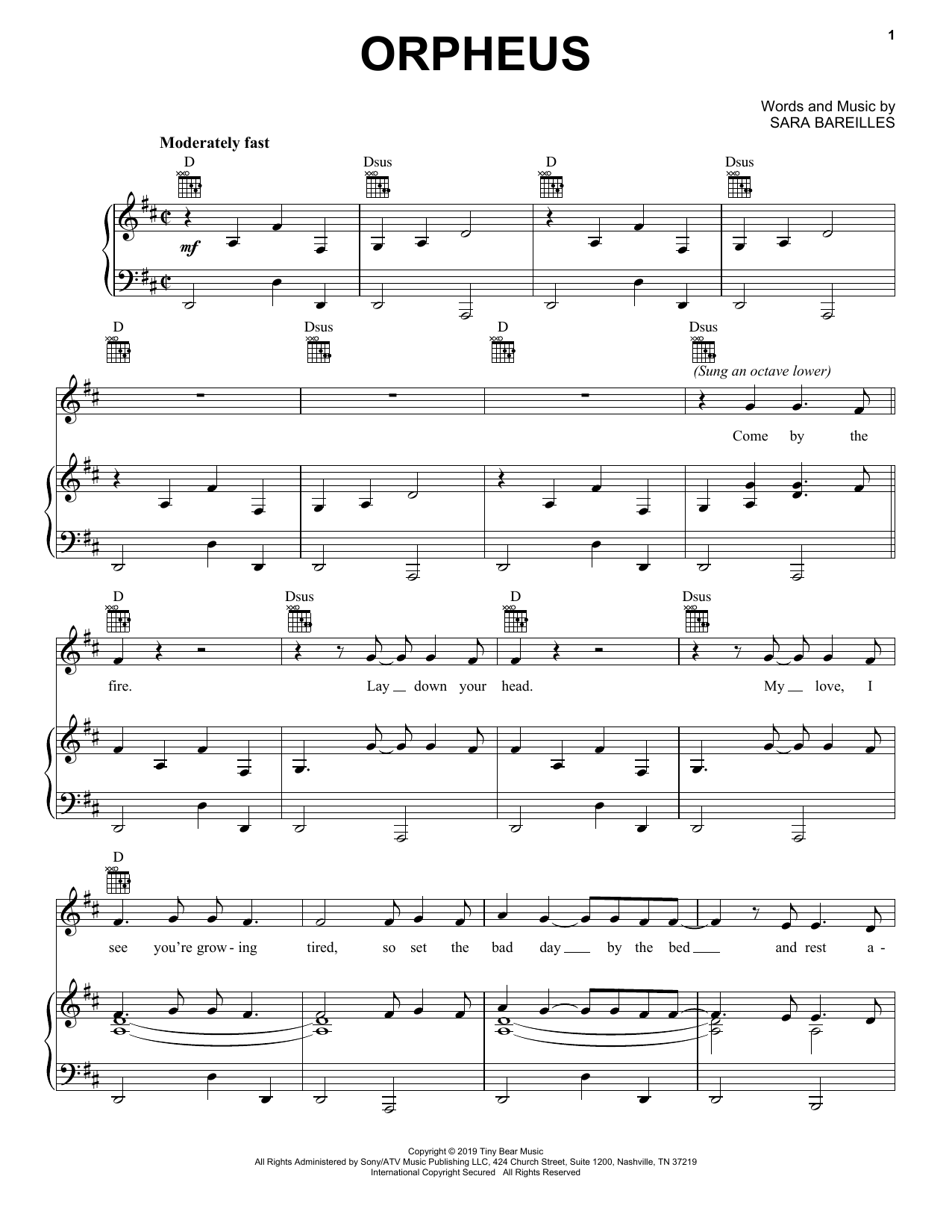 Sara Bareilles Orpheus Sheet Music Notes & Chords for Piano, Vocal & Guitar (Right-Hand Melody) - Download or Print PDF