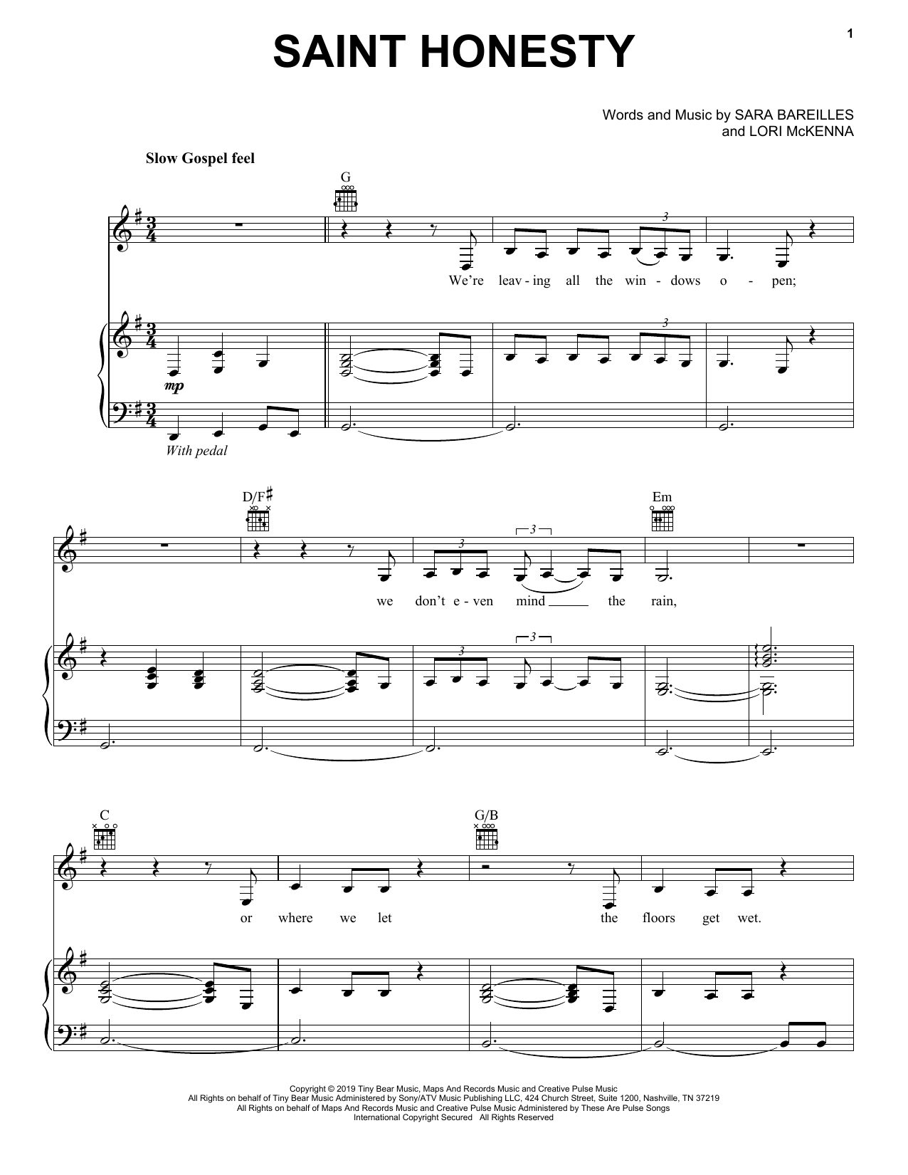 Sara Bareilles Saint Honesty Sheet Music Notes & Chords for Piano, Vocal & Guitar (Right-Hand Melody) - Download or Print PDF