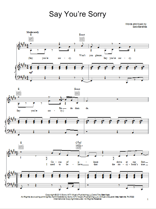 Sara Bareilles Say You're Sorry Sheet Music Notes & Chords for Piano, Vocal & Guitar (Right-Hand Melody) - Download or Print PDF