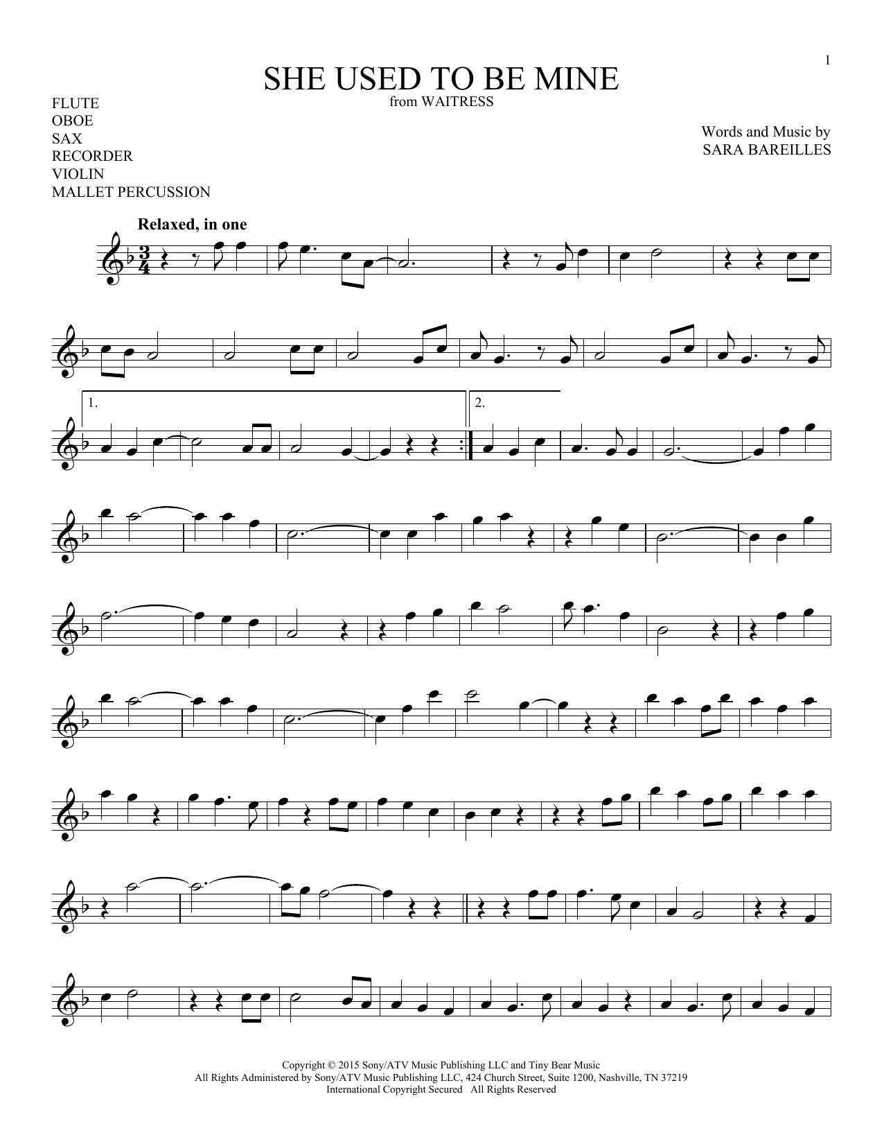 Sara Bareilles She Used To Be Mine (from Waitress) Sheet Music Notes & Chords for Instrumental Solo – Treble Clef High Range - Download or Print PDF