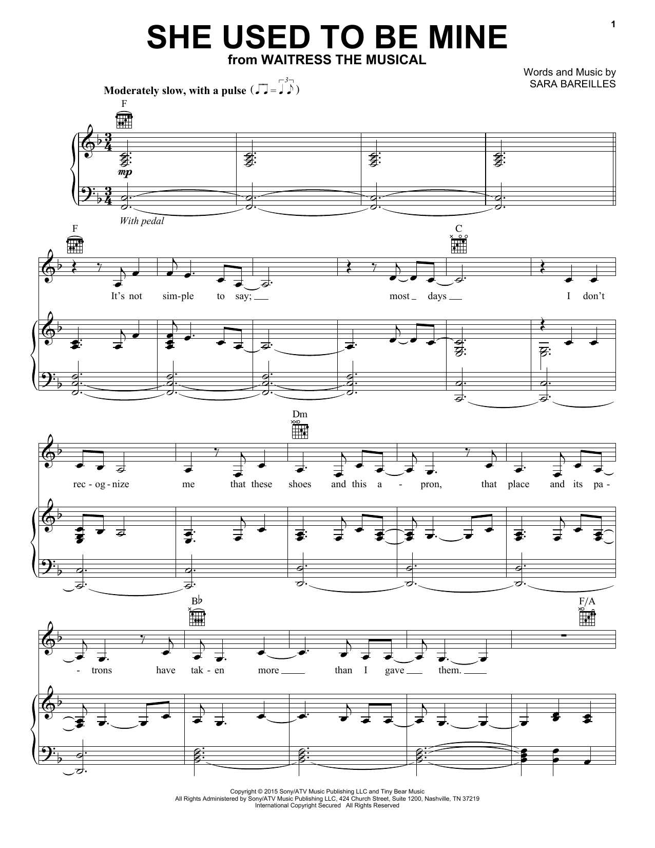 Sara Bareilles She Used To Be Mine (from Waitress The Musical) Sheet Music Notes & Chords for Piano & Vocal - Download or Print PDF