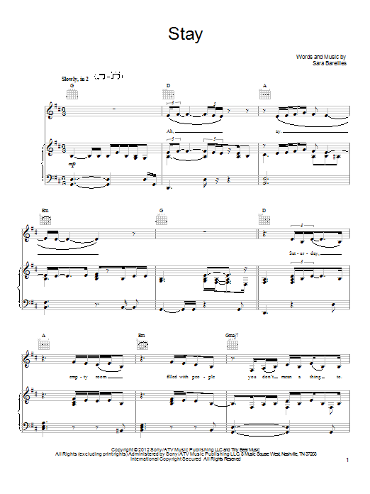 Sara Bareilles Stay Sheet Music Notes & Chords for Easy Piano - Download or Print PDF