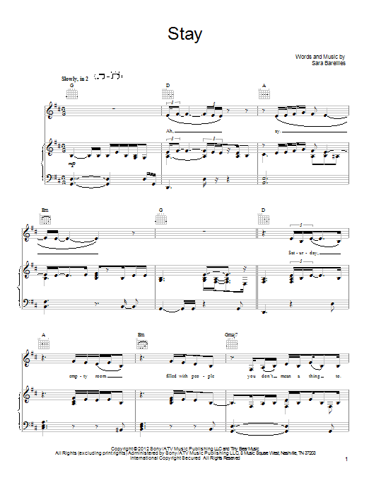 Sara Bareilles Stay Sheet Music Notes & Chords for Piano (Big Notes) - Download or Print PDF
