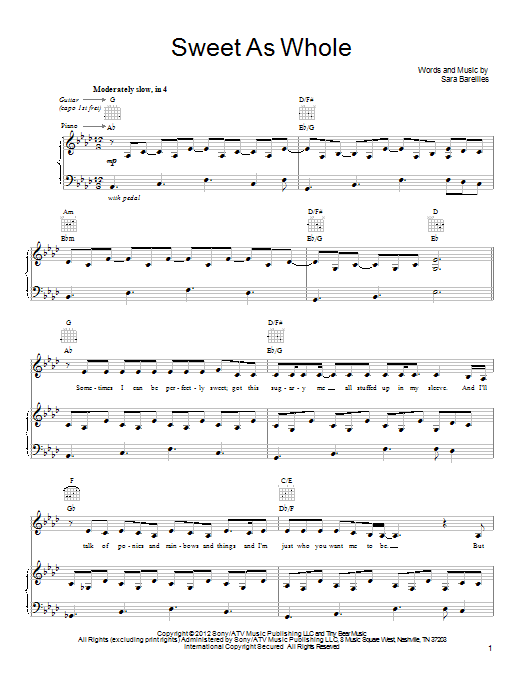 Sara Bareilles Sweet As Whole Sheet Music Notes & Chords for Piano, Vocal & Guitar (Right-Hand Melody) - Download or Print PDF