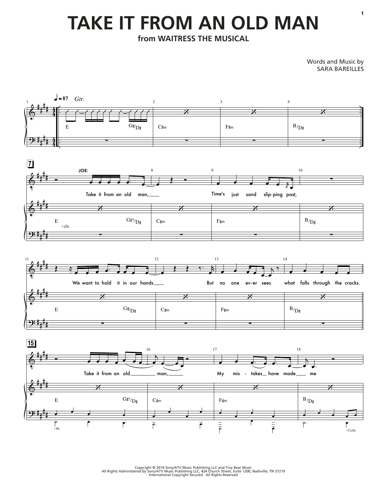 Sara Bareilles Take It From An Old Man (from Waitress The Musical) Sheet Music Notes & Chords for Piano & Vocal - Download or Print PDF
