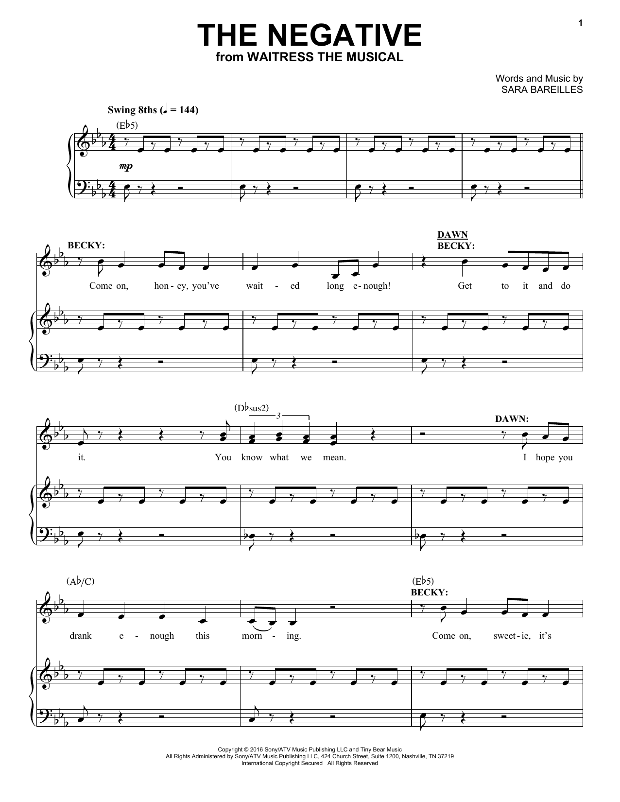 Sara Bareilles The Negative (from Waitress the Musical) Sheet Music Notes & Chords for Piano & Vocal - Download or Print PDF