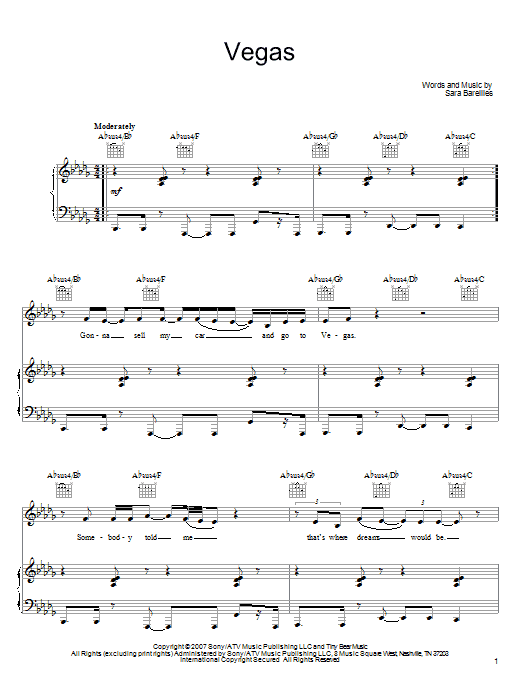 Sara Bareilles Vegas Sheet Music Notes & Chords for Piano, Vocal & Guitar (Right-Hand Melody) - Download or Print PDF