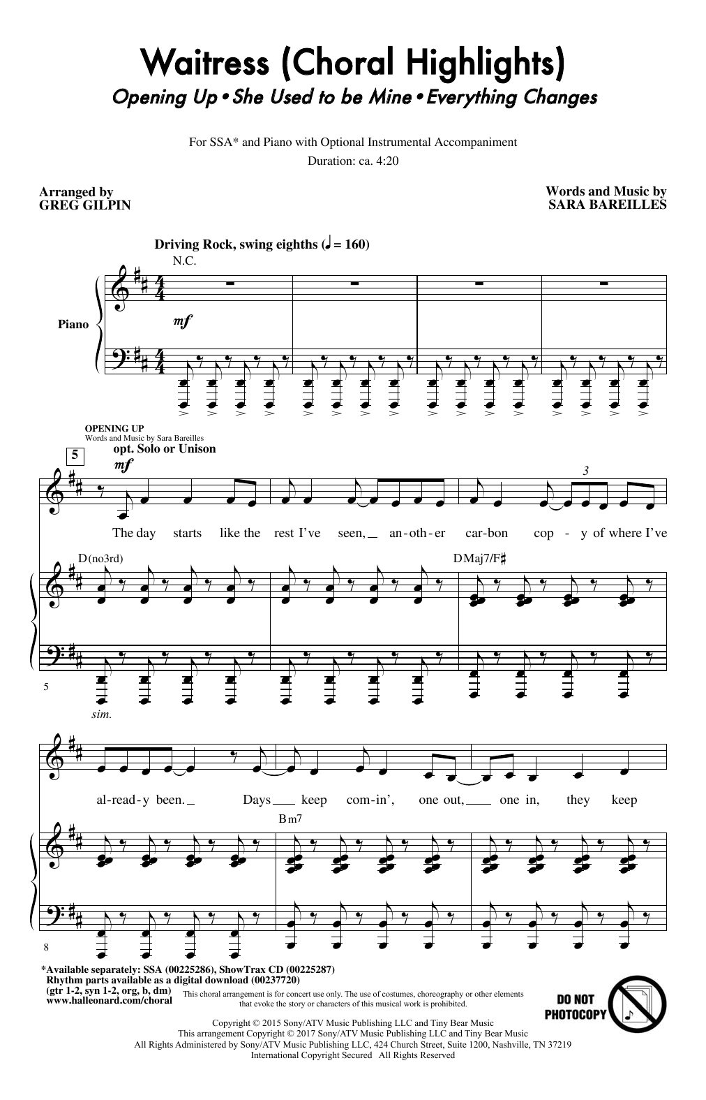 Sara Bareilles Waitress (Choral Highlights) (arr. Greg Gilpin) Sheet Music Notes & Chords for SSA - Download or Print PDF