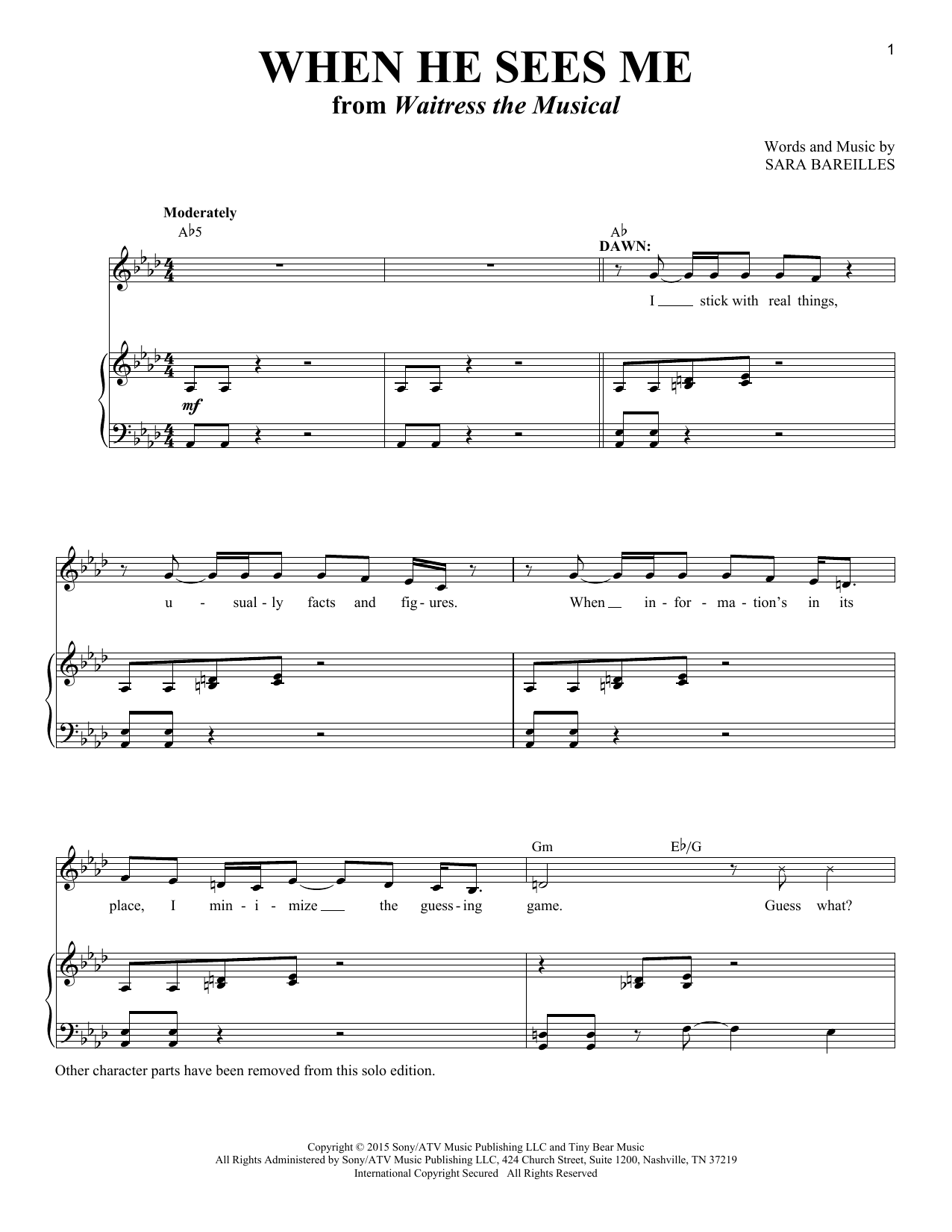Sara Bareilles When He Sees Me [Solo version] (from Waitress the Musical) Sheet Music Notes & Chords for Piano & Vocal - Download or Print PDF