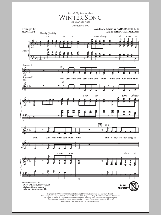 Sara Bareilles Winter Song (arr. Mac Huff) Sheet Music Notes & Chords for SSA - Download or Print PDF