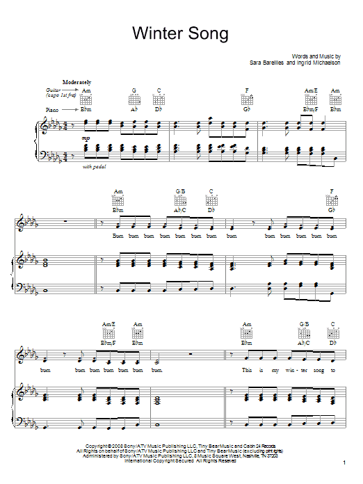 Sara Bareilles Winter Song Sheet Music Notes & Chords for Piano (Big Notes) - Download or Print PDF