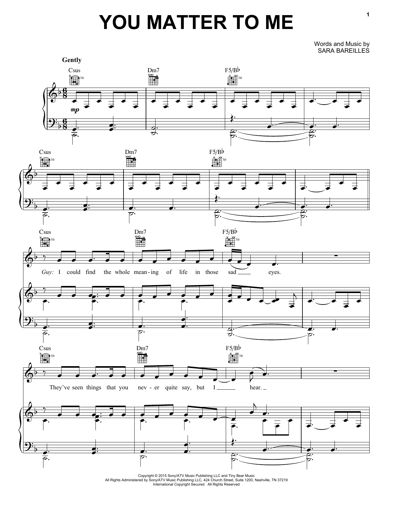 Sara Bareilles You Matter To Me (from Waitress The Musical) Sheet Music Notes & Chords for Piano, Vocal & Guitar (Right-Hand Melody) - Download or Print PDF
