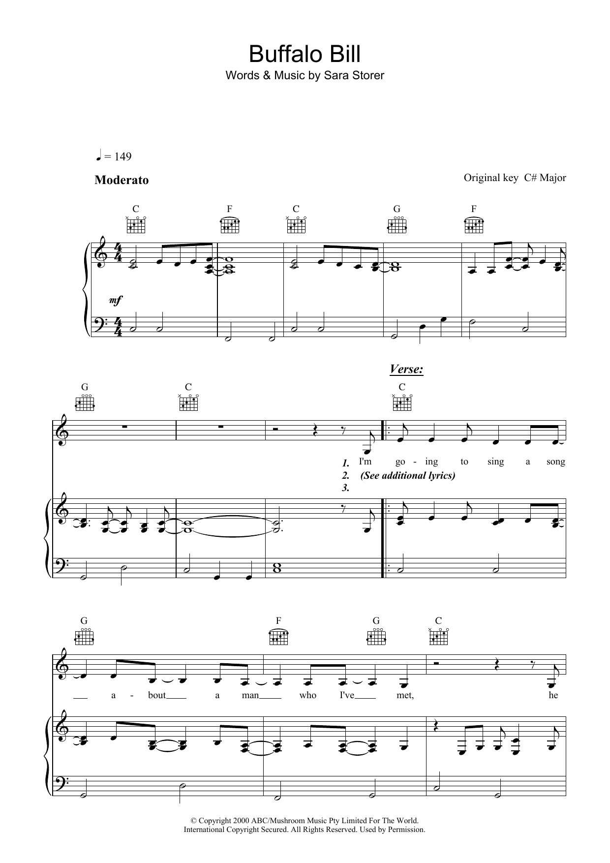 Sara Storer Buffalo Bill Sheet Music Notes & Chords for Piano, Vocal & Guitar (Right-Hand Melody) - Download or Print PDF