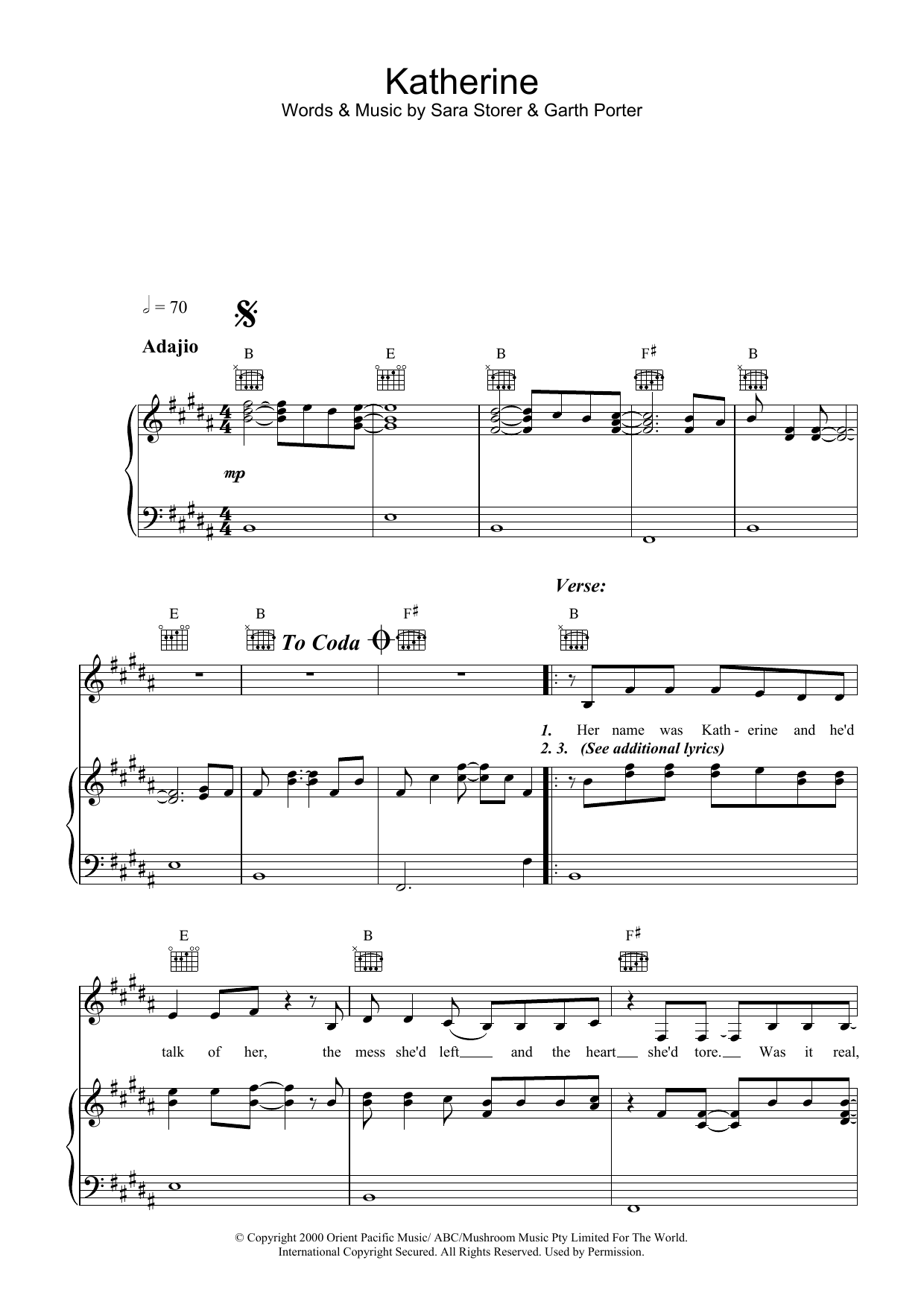 Sara Storer Katherine Sheet Music Notes & Chords for Piano, Vocal & Guitar (Right-Hand Melody) - Download or Print PDF