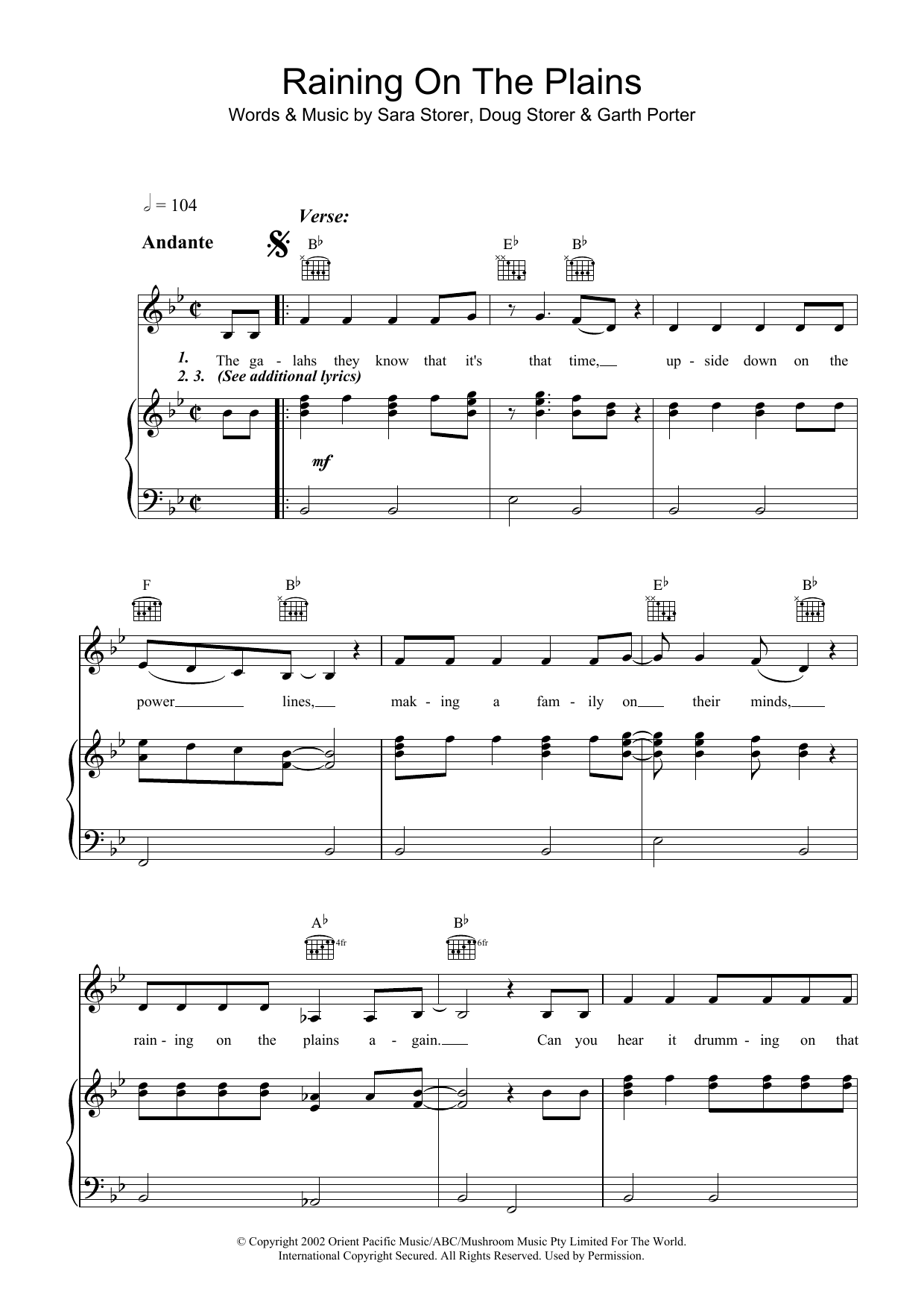 Sara Storer Raining On The Plains Sheet Music Notes & Chords for Piano, Vocal & Guitar (Right-Hand Melody) - Download or Print PDF