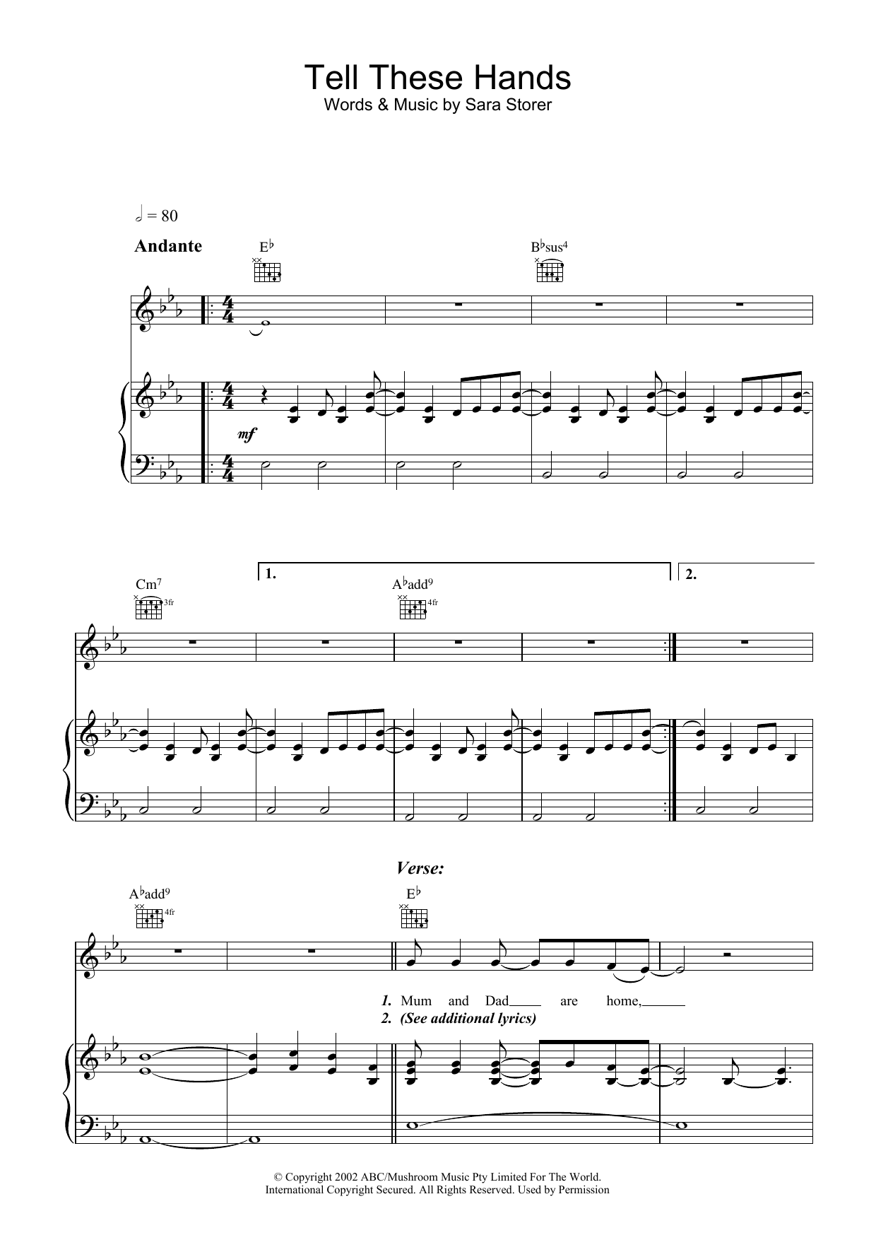 Sara Storer Tell These Hands Sheet Music Notes & Chords for Piano, Vocal & Guitar (Right-Hand Melody) - Download or Print PDF