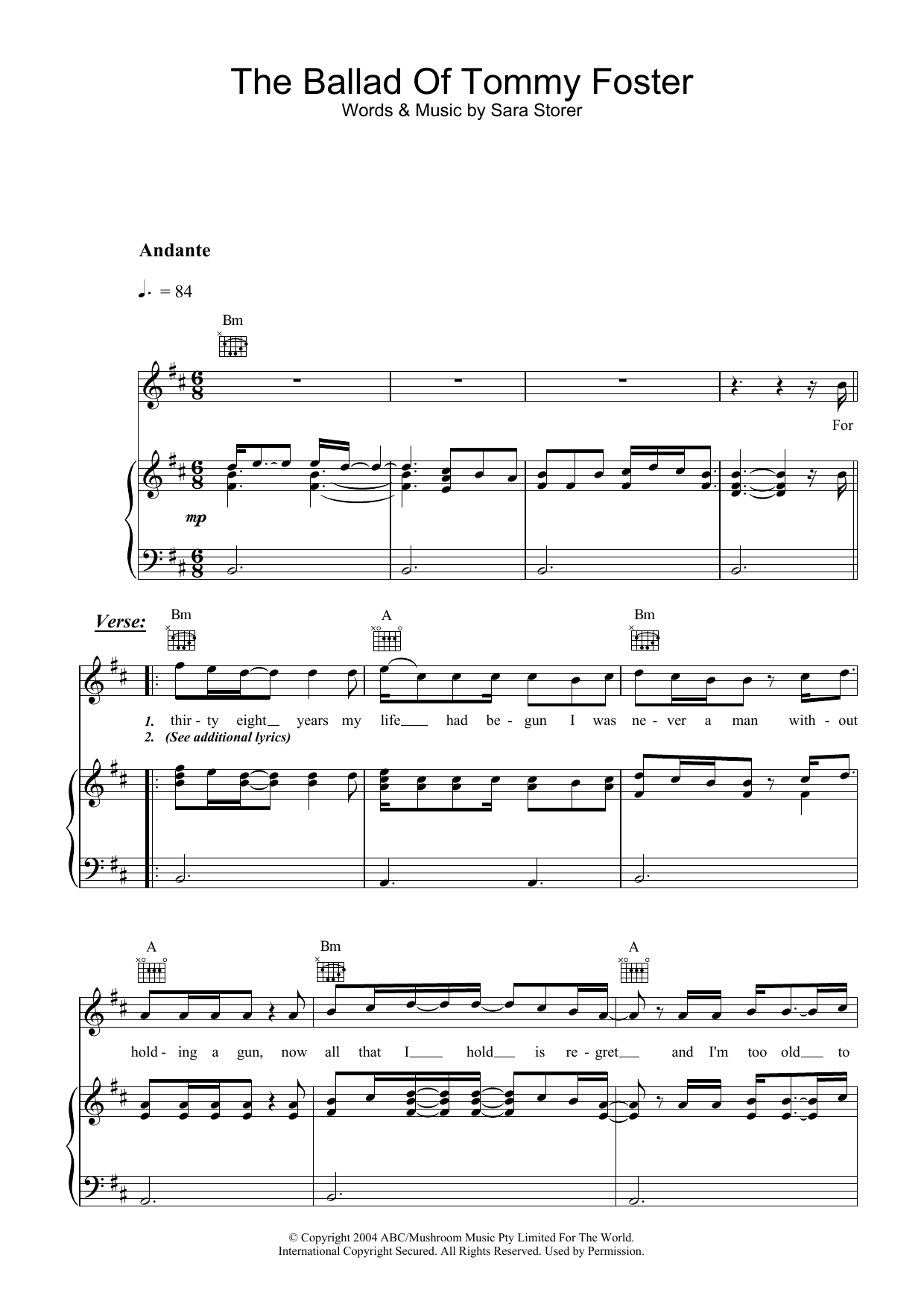 Sara Storer The Ballad Of Tommy Foster Sheet Music Notes & Chords for Piano, Vocal & Guitar (Right-Hand Melody) - Download or Print PDF