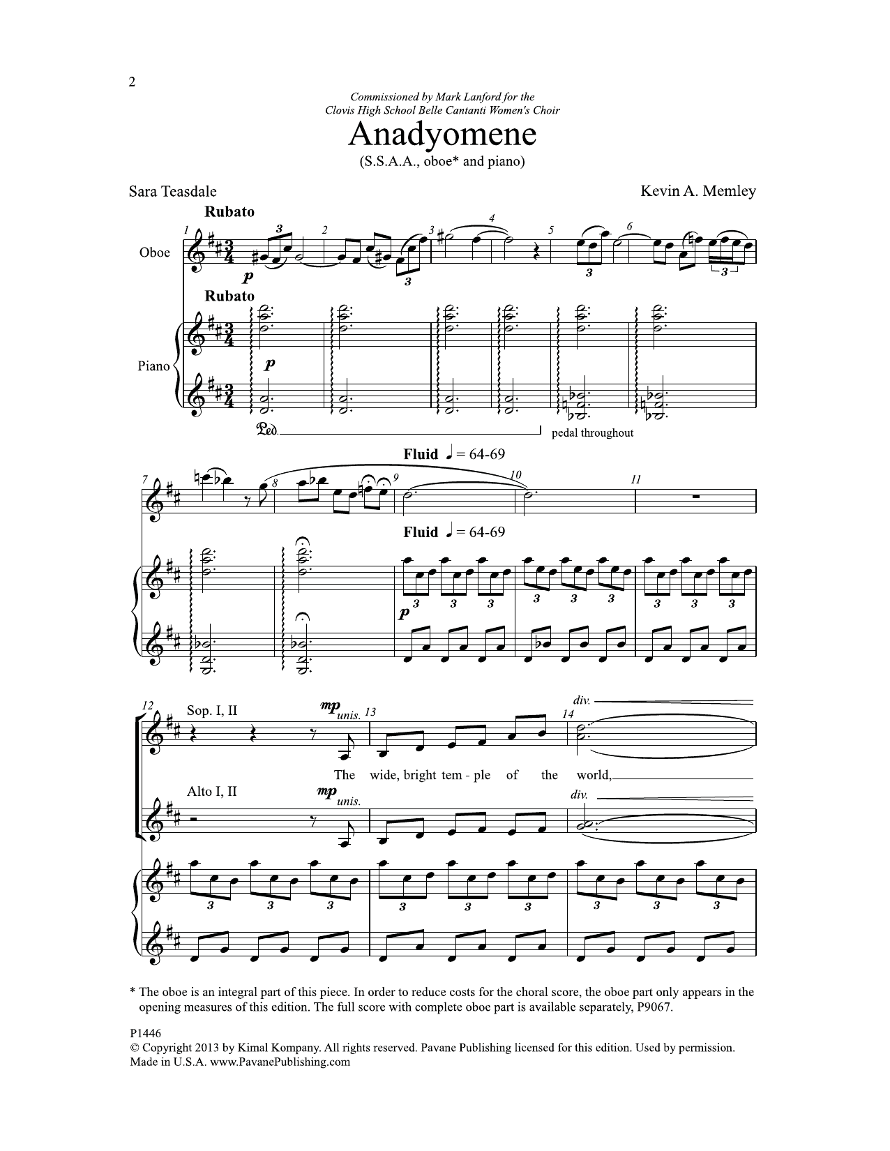 Sara Teasdale Anadyomene (of Supplication) Sheet Music Notes & Chords for Choral - Download or Print PDF