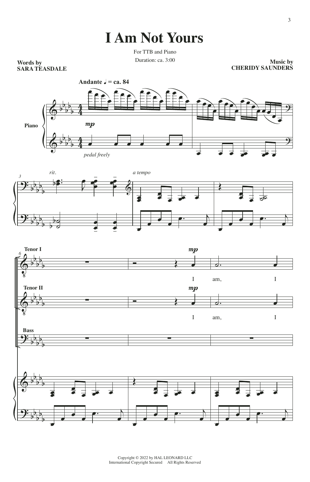 Sara Teasdale and Cheridy Saunders I Am Not Yours Sheet Music Notes & Chords for TTB Choir - Download or Print PDF