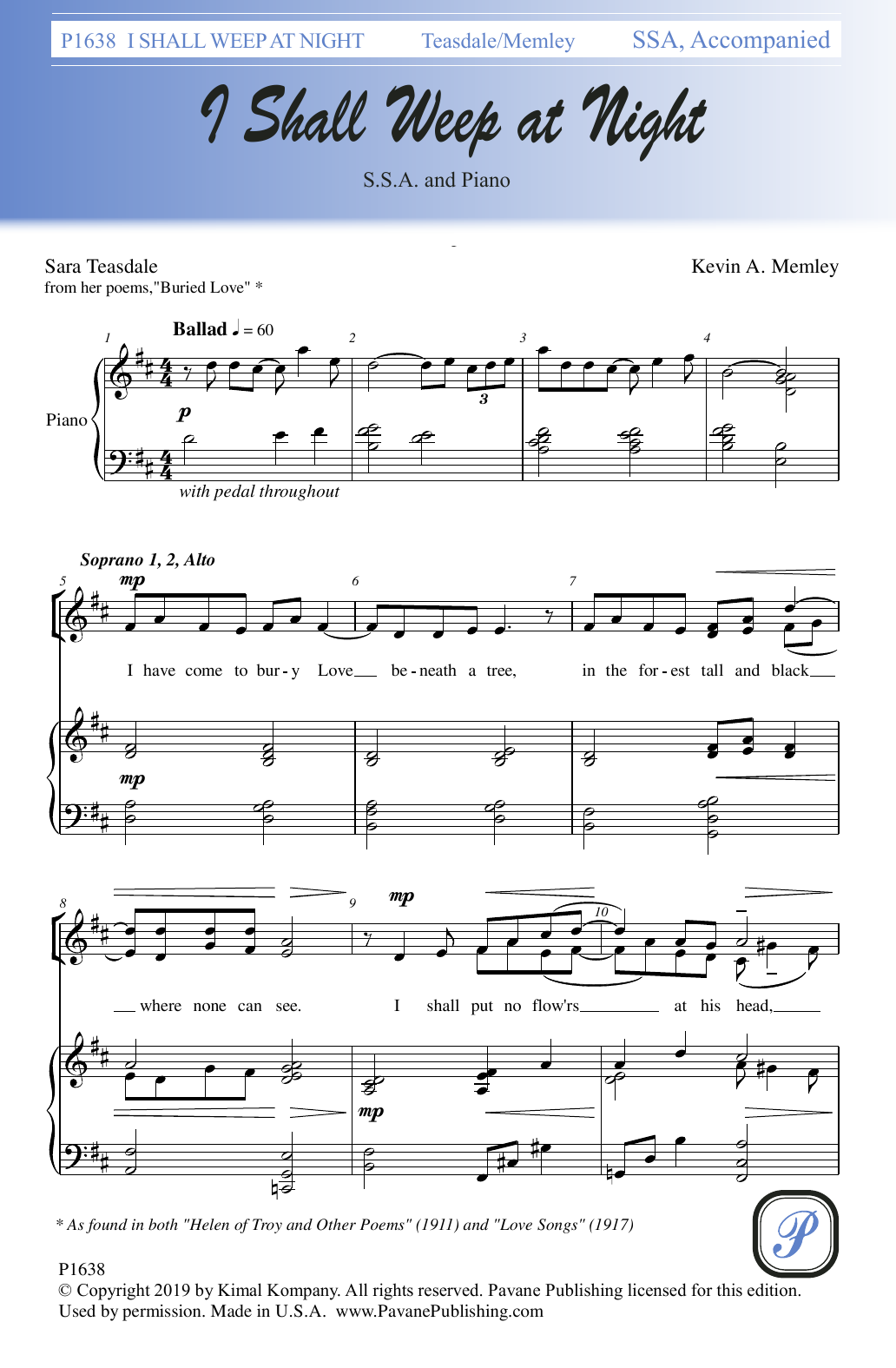 Sara Teasdale and Kevin A. Memley I Shall Weep at Night Sheet Music Notes & Chords for SSA Choir - Download or Print PDF