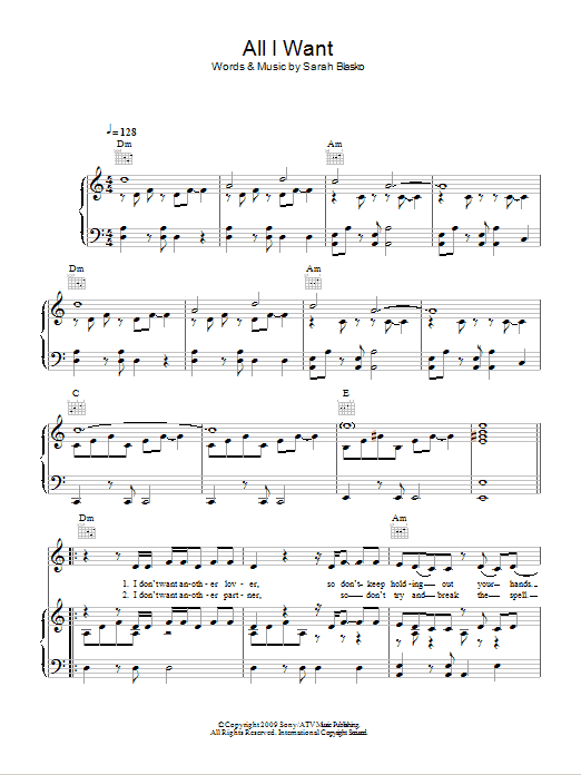 Sarah Blasko All I Want Sheet Music Notes & Chords for Piano, Vocal & Guitar (Right-Hand Melody) - Download or Print PDF