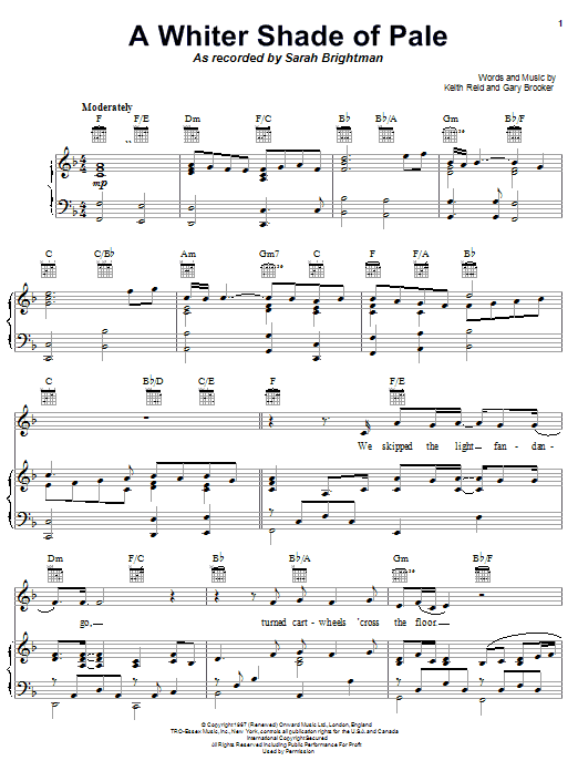Sarah Brightman A Whiter Shade Of Pale Sheet Music Notes & Chords for Piano, Vocal & Guitar (Right-Hand Melody) - Download or Print PDF Sarah Brightman A Whiter Shade Of Pale Sheet Music Notes & Chords for Piano, Vocal & Guitar (Right-Hand Melody) - Download or Print PDF