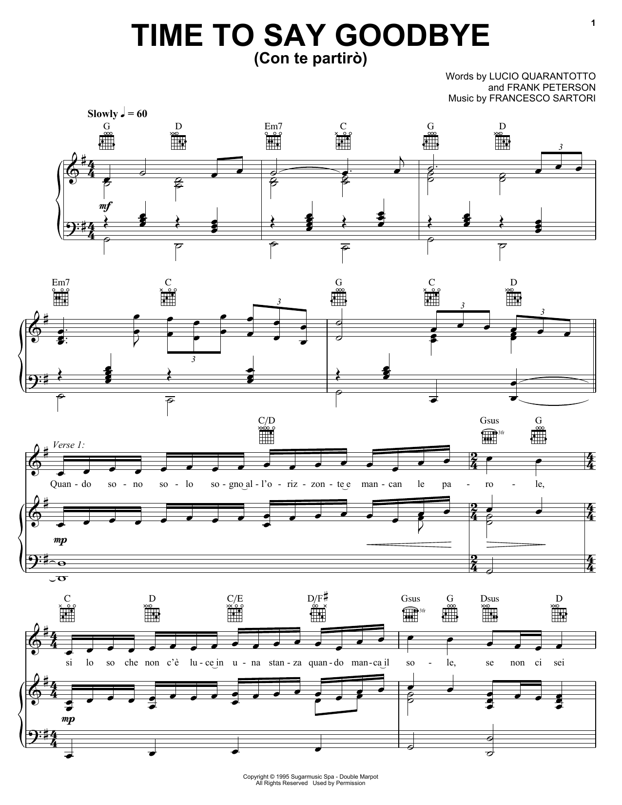 Sarah Brightman with Andrea Bocelli Time To Say Goodbye Sheet Music Notes & Chords for Piano, Vocal & Guitar (Right-Hand Melody) - Download or Print PDF