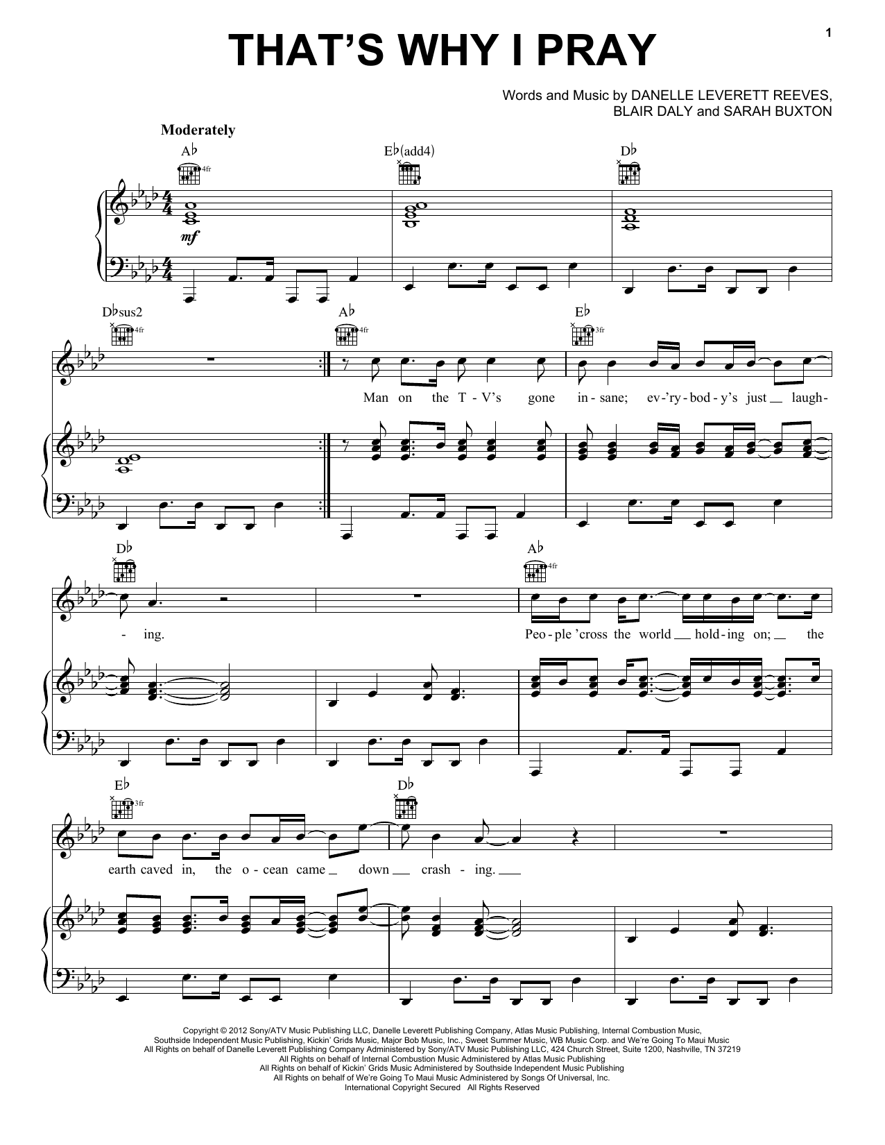 Sarah Buxton That's Why I Pray Sheet Music Notes & Chords for Piano, Vocal & Guitar (Right-Hand Melody) - Download or Print PDF