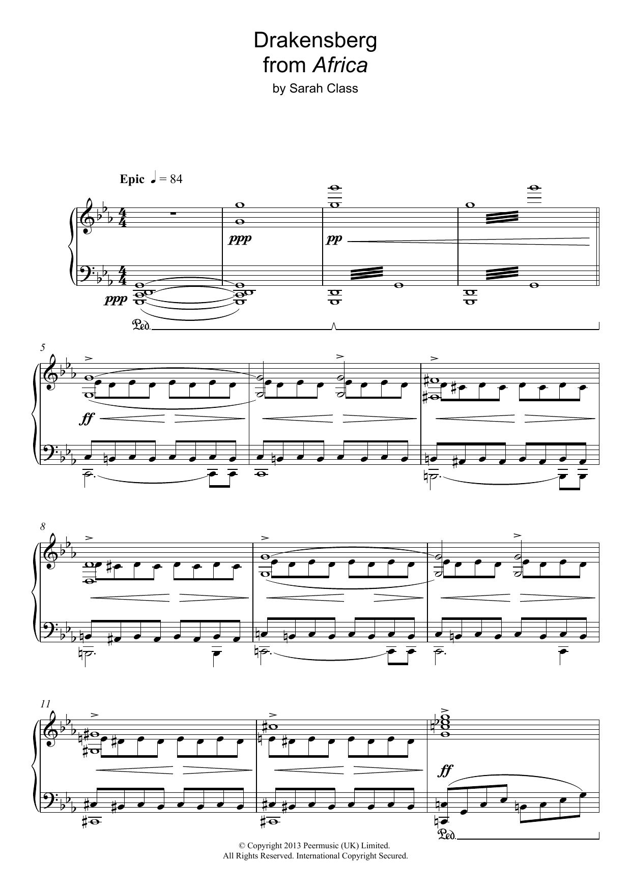 Sarah Class Draconsberg (from 'Africa') Sheet Music Notes & Chords for Piano - Download or Print PDF